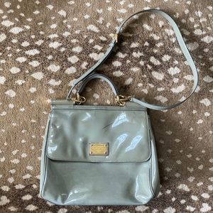 Dolce & Gabbana light olive colored patent leather satchel with shoulder strap